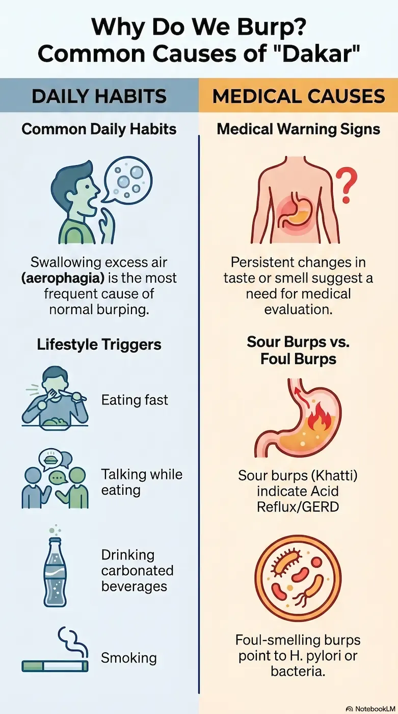 An information graphic explaining the causes and types of burping or dakar