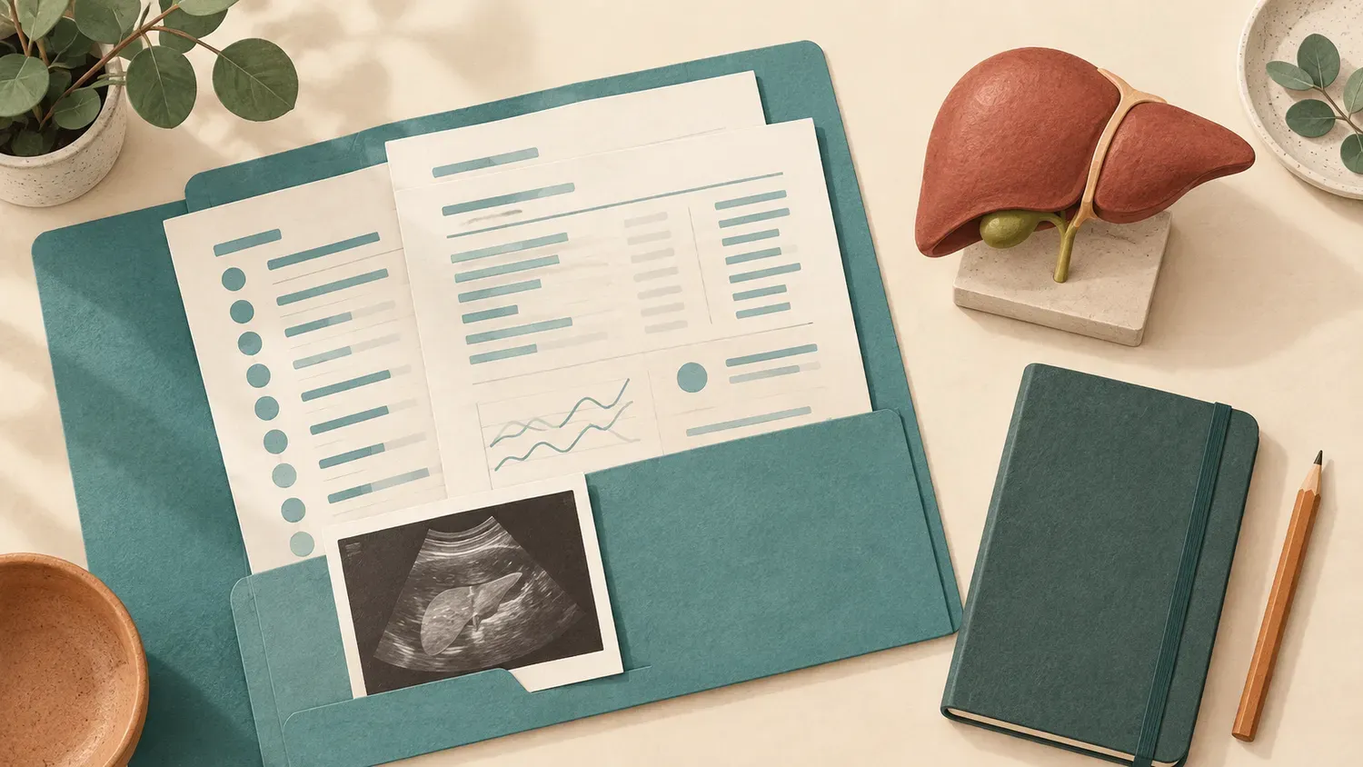 Illustration of a folder with blood-test reports, an ultrasound print and a notebook for a liver consultation