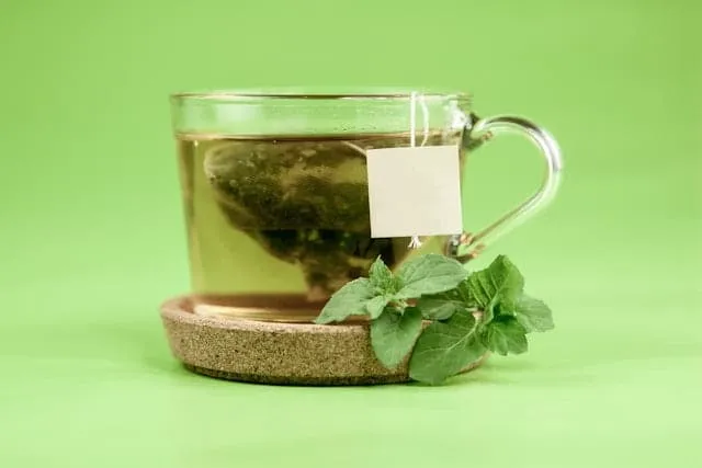A warm cup of herbal ginger-mint tea garnished with fresh leaves