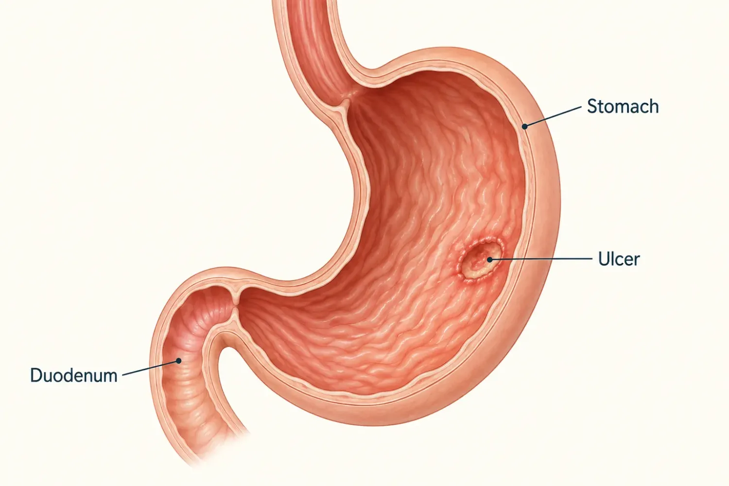 Stomach aur duodenum ki illustration, maiday ki andarooni lining par ek ulcer ke saath