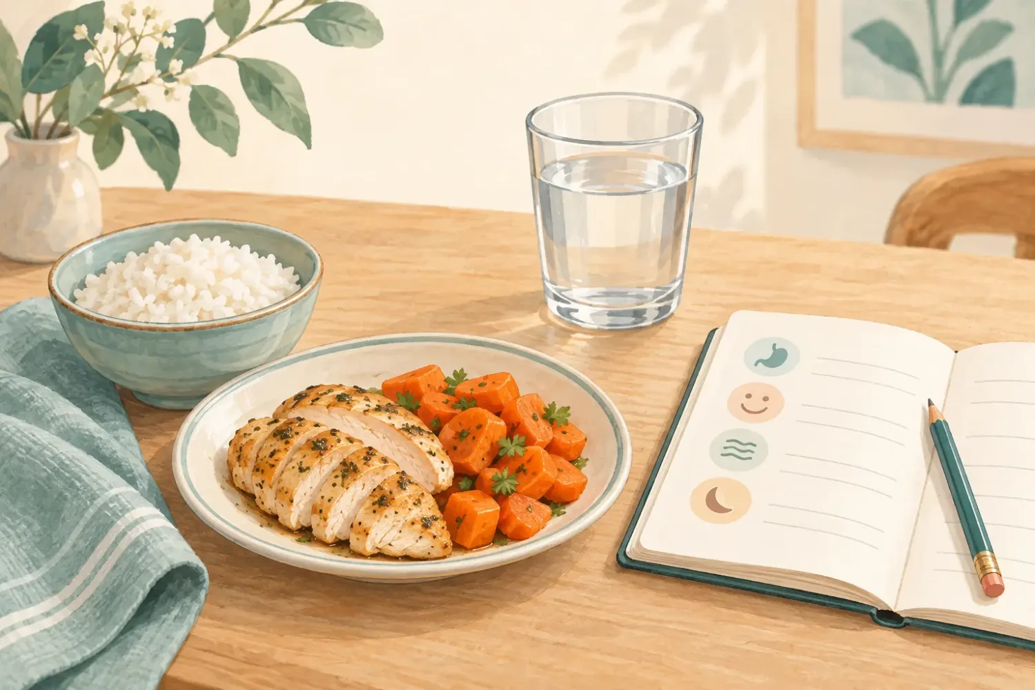 Chhoti meal, paani ka glass aur symptoms likhne ke liye khuli diary ki illustration
